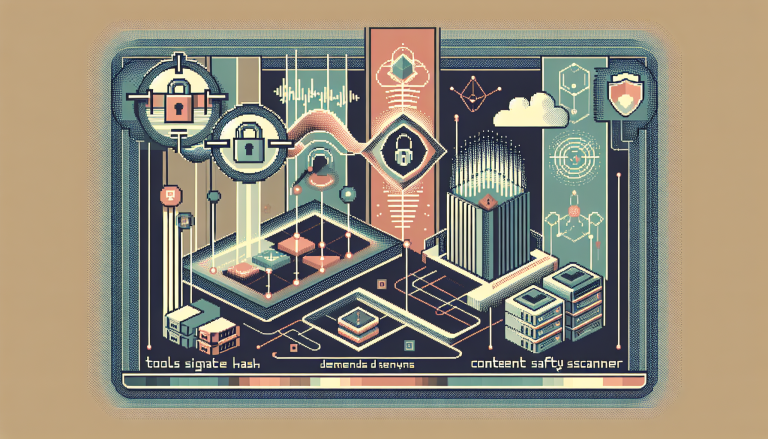 An 8-bit style corporate-tech illustration featuring a glowing digital lock icon symbolizing security through "tools signature hash" on one side, and a scanner emitting wave-like patterns to represent a "content safety scanner" on the other. Abstract geometric shapes symbolize interconnected servers and tools, all depicted in a muted 5-color palette, creating a clean, structured visual. No people or text are present in the image.
